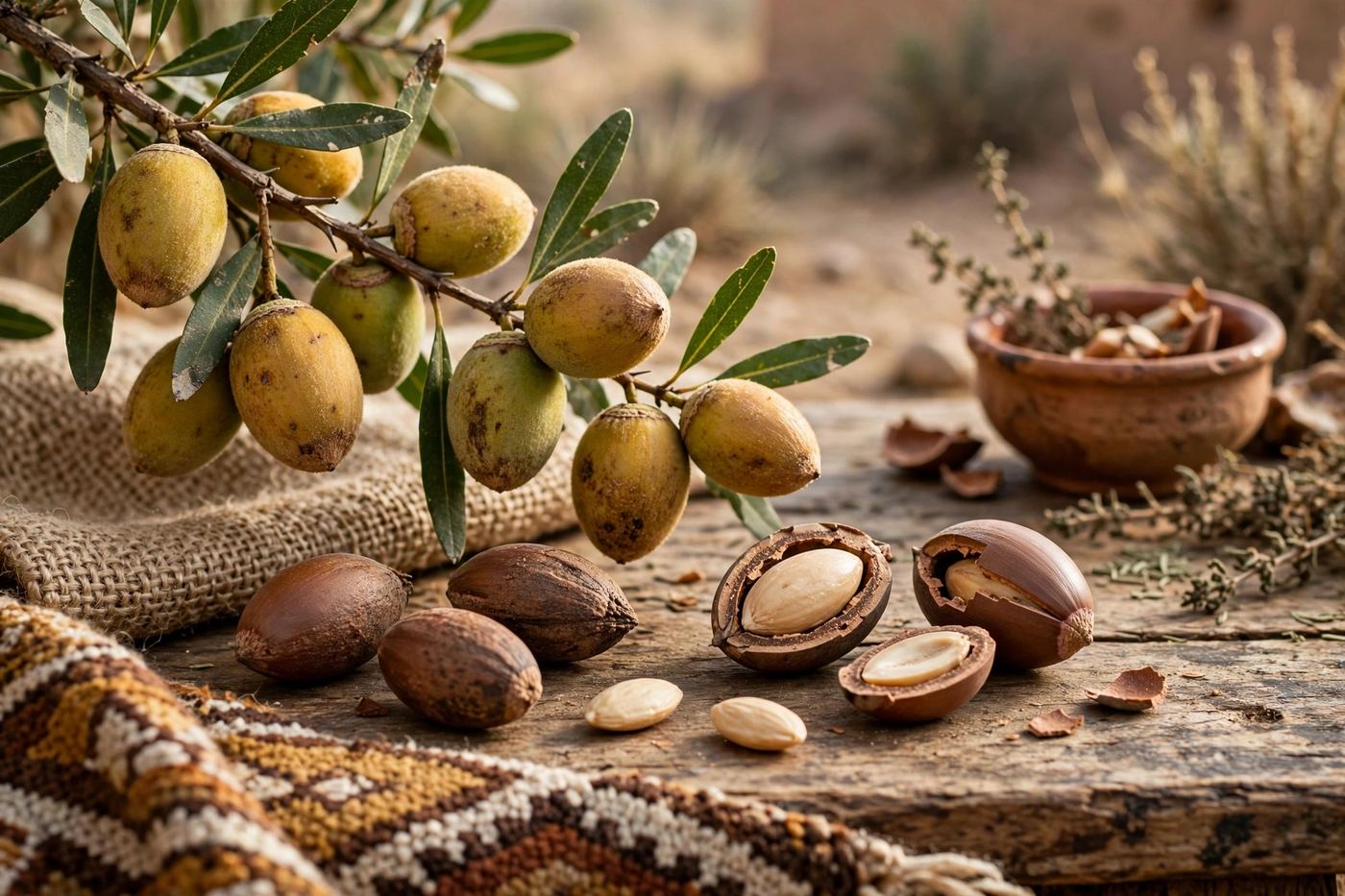 Fruits et noix d'argan sur une table en bois