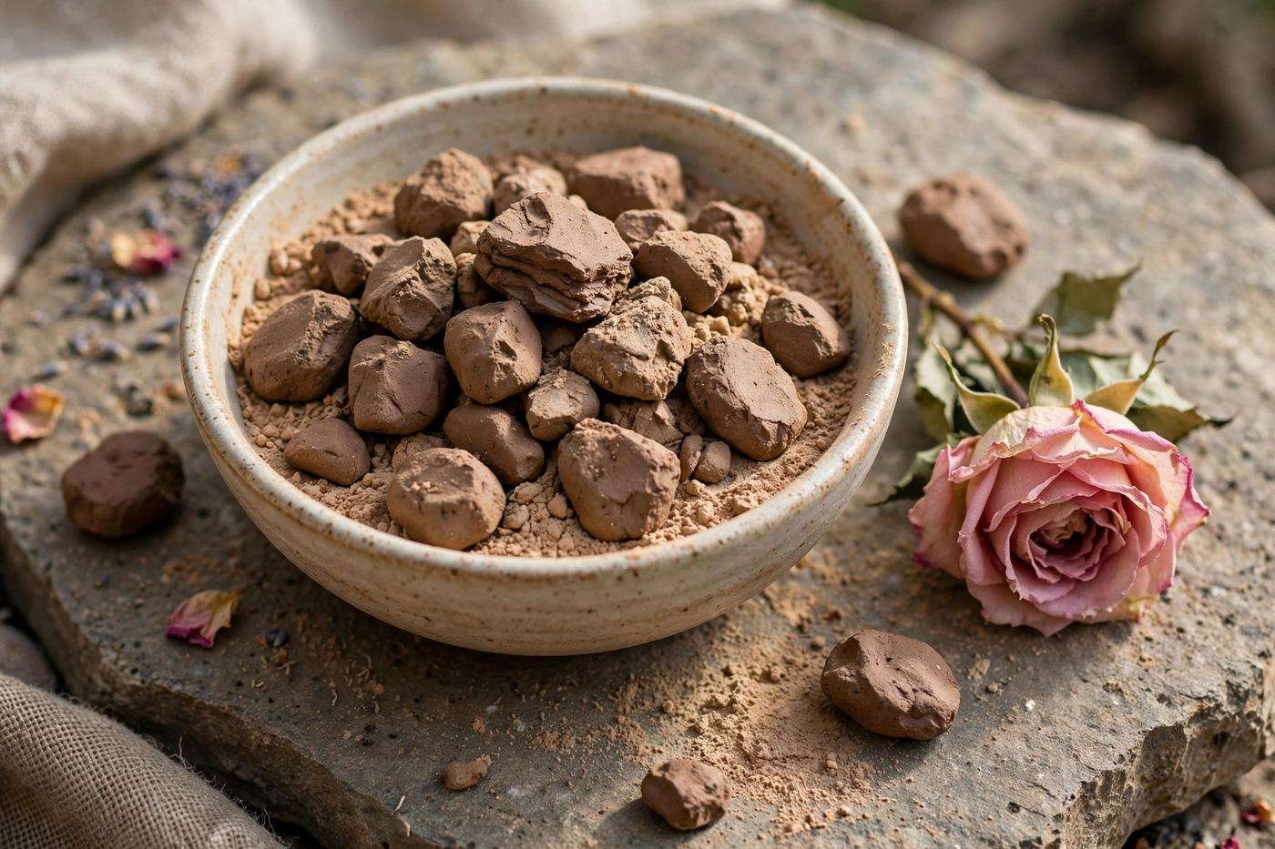 Argile de ghassoul brute et rose séchée
