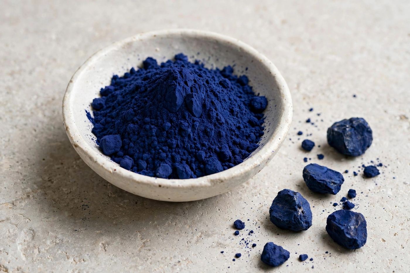 Poudre bleue de nila dans un bol