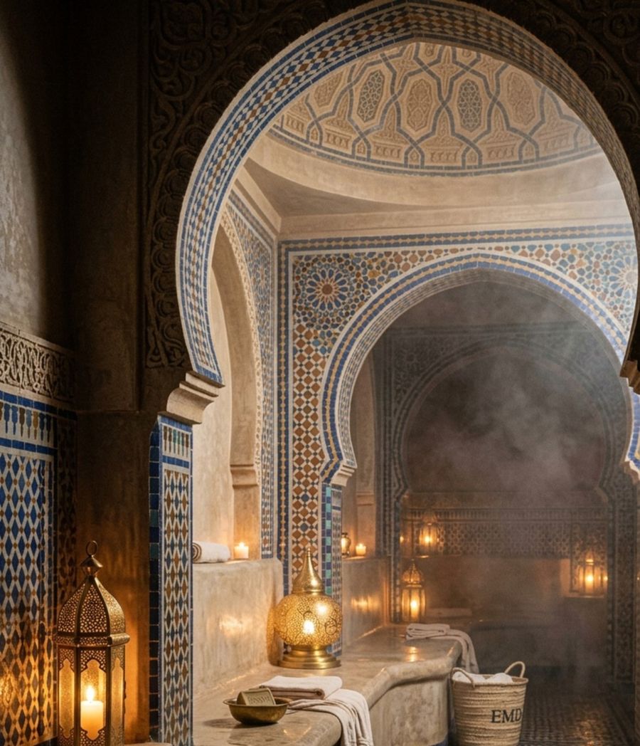Arche en zellige d'un hammam marocain, entre vapeur et lanternes