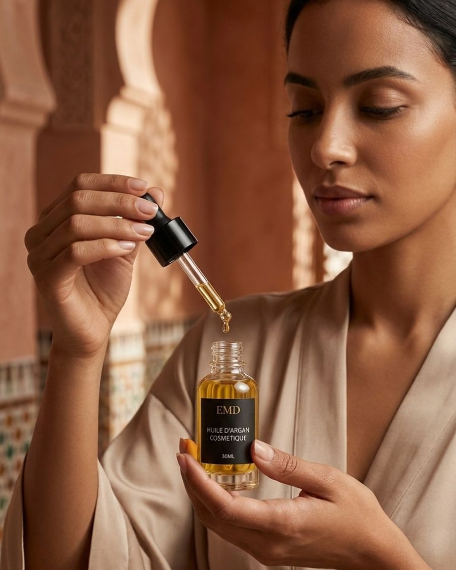 Huile d'argan cosmétique EMD appliquée au compte-gouttes