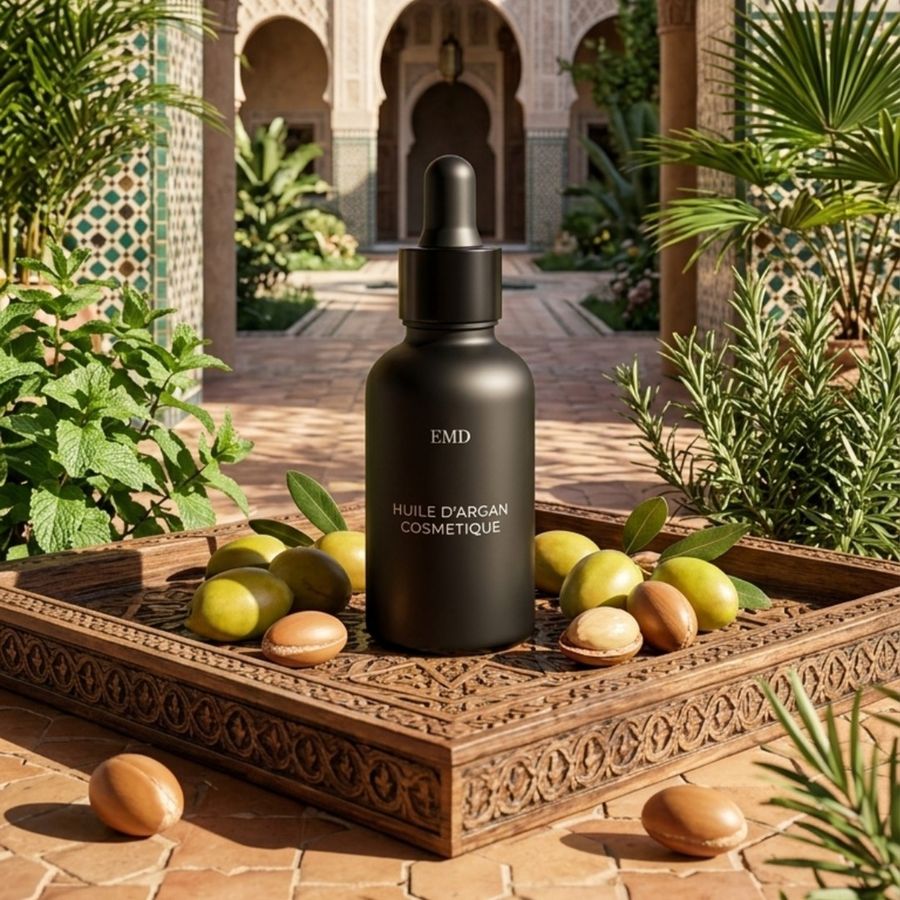 Huile d'argan cosmétique EMD dans un patio marocain, entourée de noix d'argan