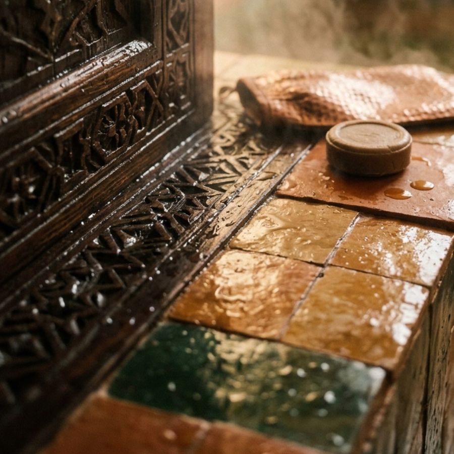 Gant de gommage sur du zellige humide, hammam marocain