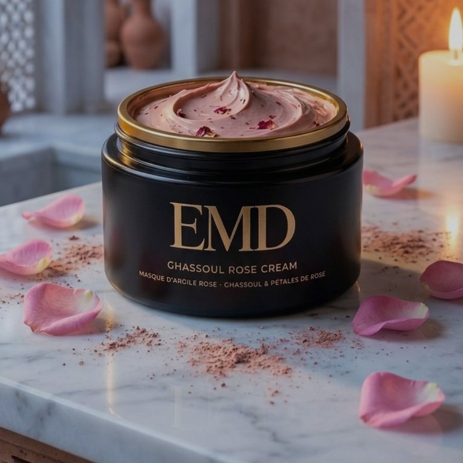 Ghassoul crème à la rose sur du marbre, entouré de pétales de rose