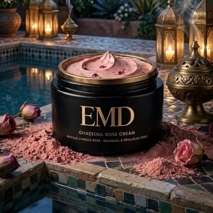 Ghassoul crème à la rose au bord d'un bassin, la nuit, entre lanternes et roses