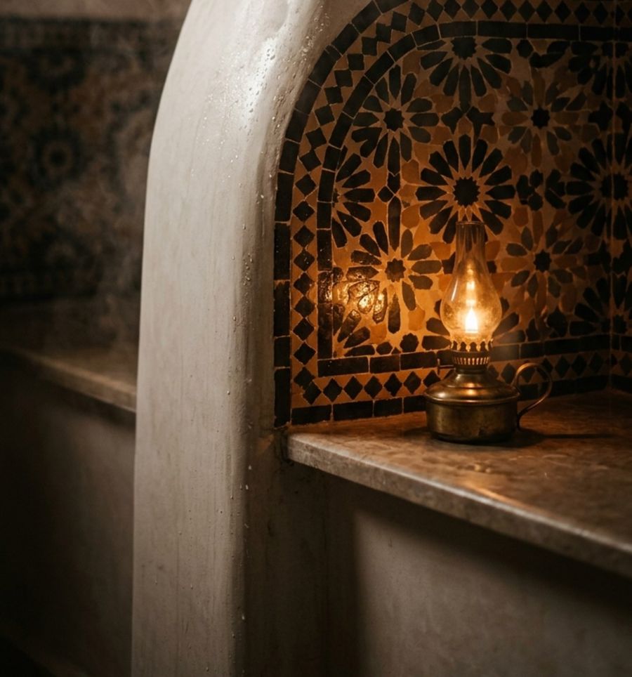 Lampe à huile dans une niche de zellige, hammam marocain